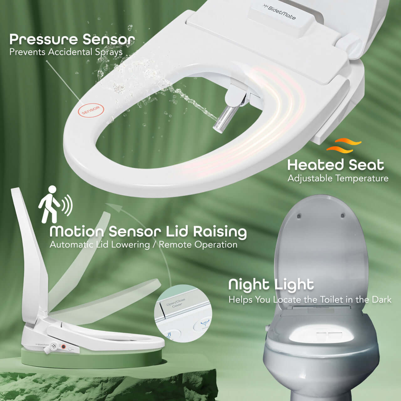 BidetMate 3500 Series Bidet Toilet Seat highlights features like heated seat, motion sensor lid, and night light for convenience.