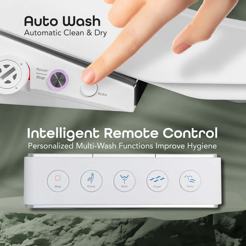 Intelligent remote control for BidetMate 3500 Series Bidet Toilet Seat with auto wash and personalized settings.