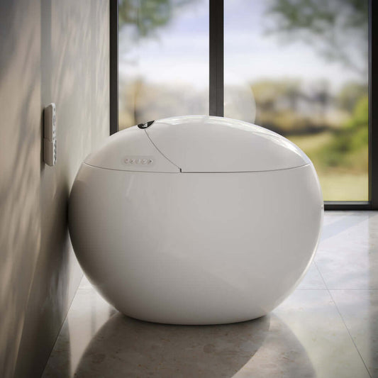 Swiss Madison Plaisir Round Smart Bidet Toilet with modern design near a wall.