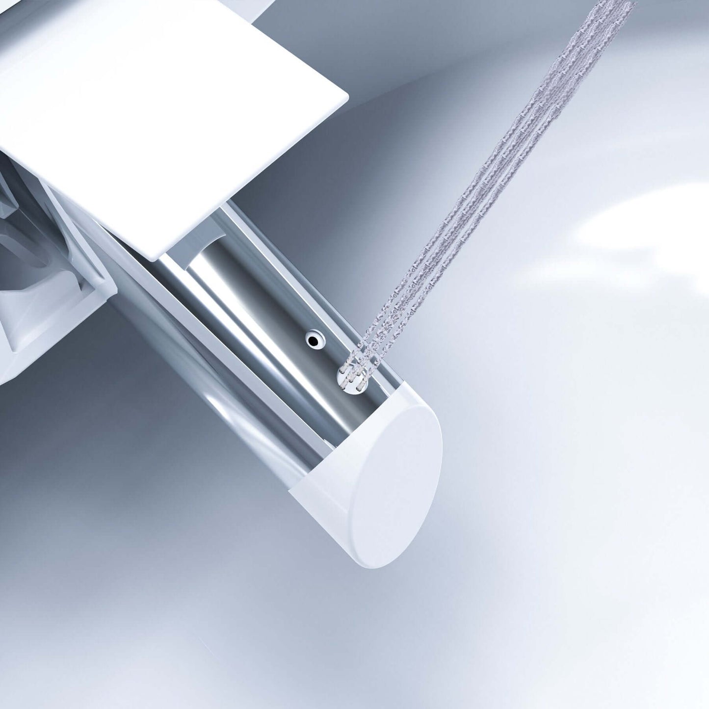 Close-up of Bio Bidet Discovery DLX stainless steel nozzle releasing warm water for optimal hygiene in smart toilet.
