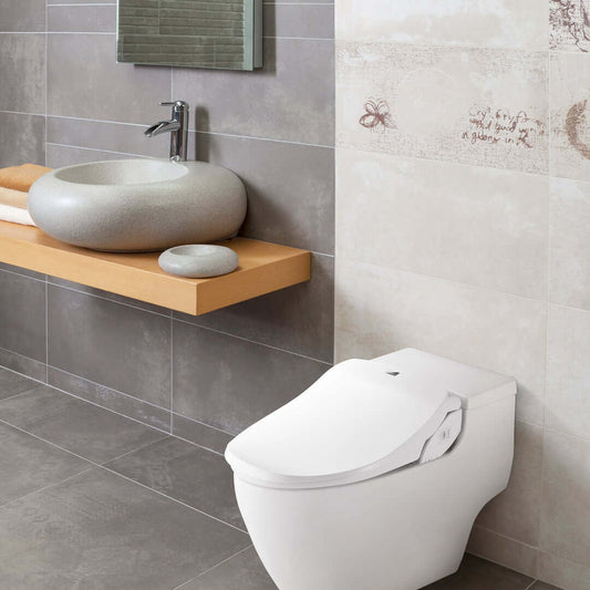 Modern bathroom featuring Bio Bidet Slim Two smart toilet seat with remote, sleek design, and luxurious fixtures.