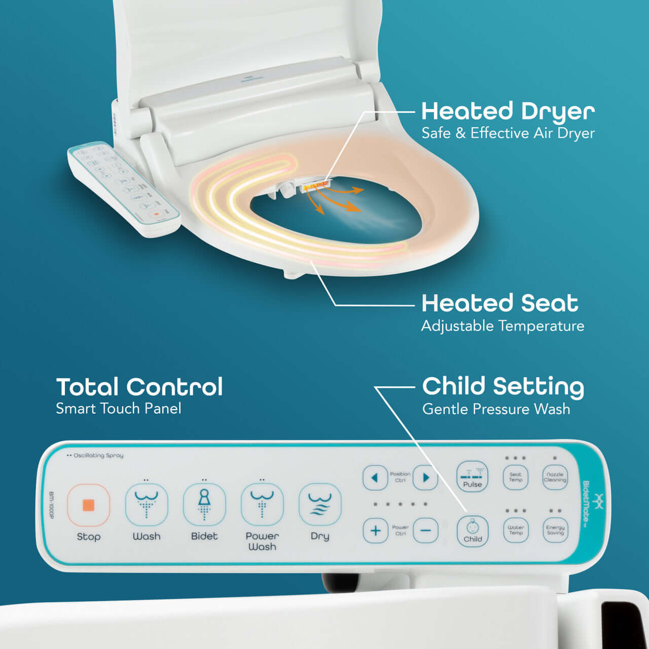 BidetMate 1000 Series Smart Bidet features heated seat, dryer, and smart control panel for customizable comfort.