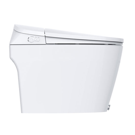 Side view of the Bio Bidet Discovery DLX Smart Toilet showcasing its sleek, tankless design and modern elegance.