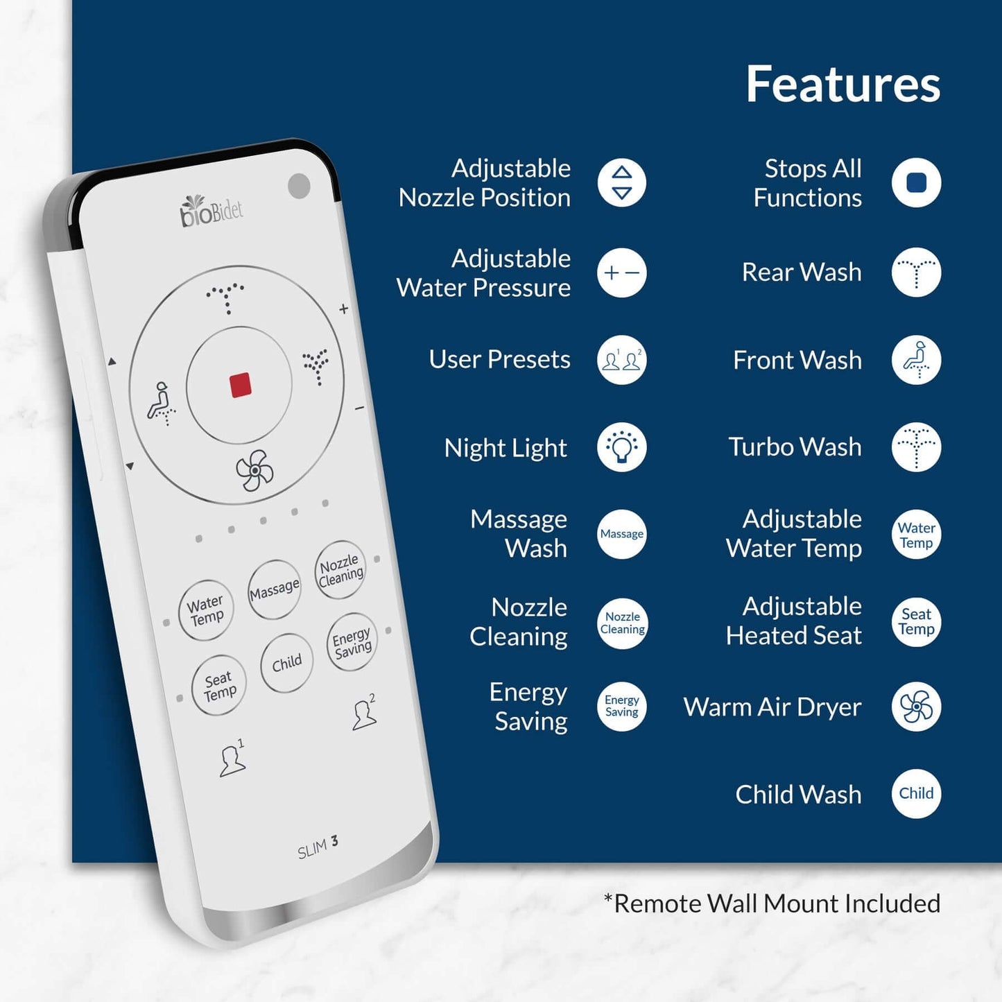 Slim Three Smart Bidet Seat - Remote control with list of button function listed next to it.