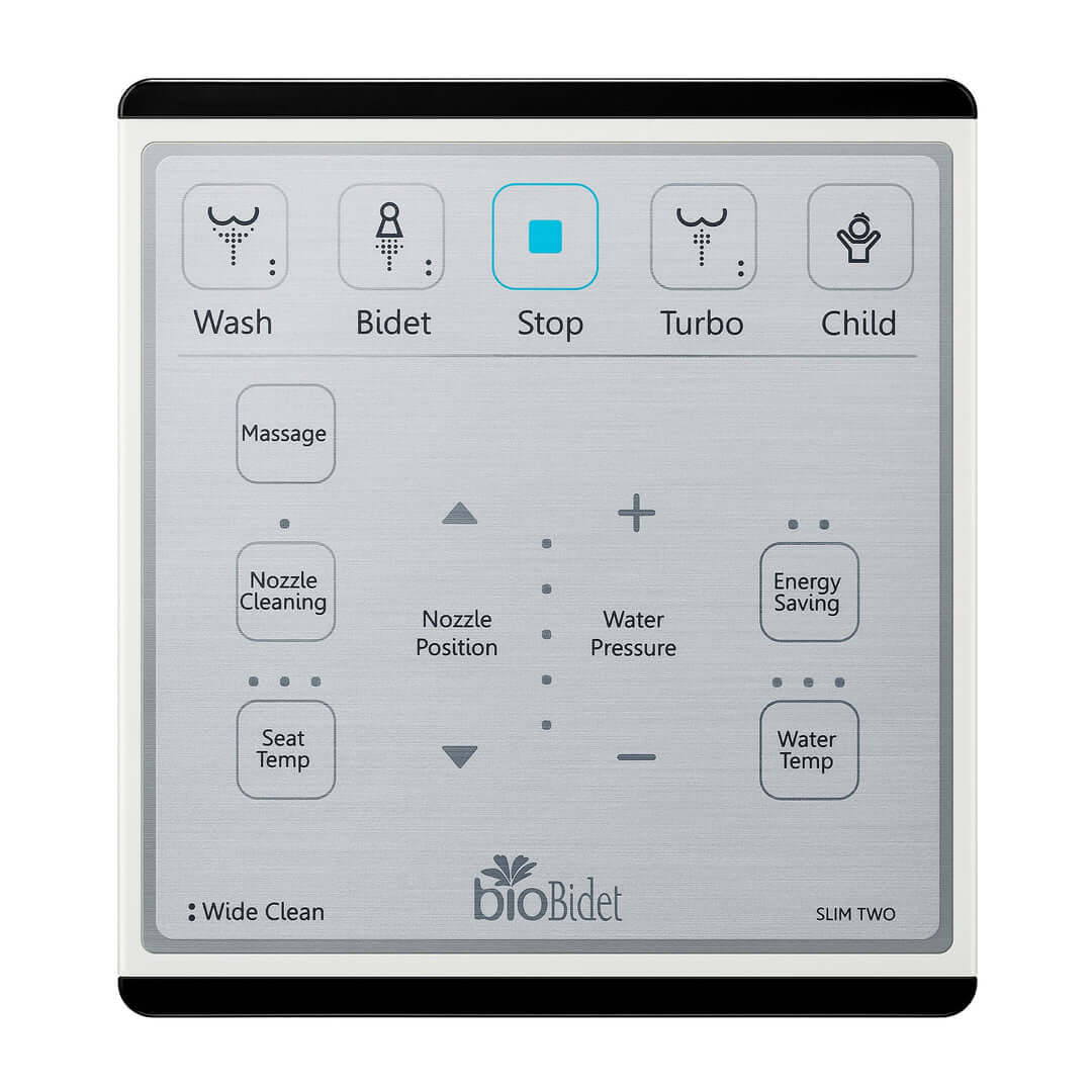 Bio Bidet Slim Two remote control panel with buttons for wash, bidet, temperature, and cleaning features.