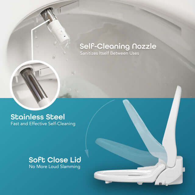 BidetMate 1000 Series bidet seat features self-cleaning stainless steel nozzle and soft-close lid for comfort and hygiene.