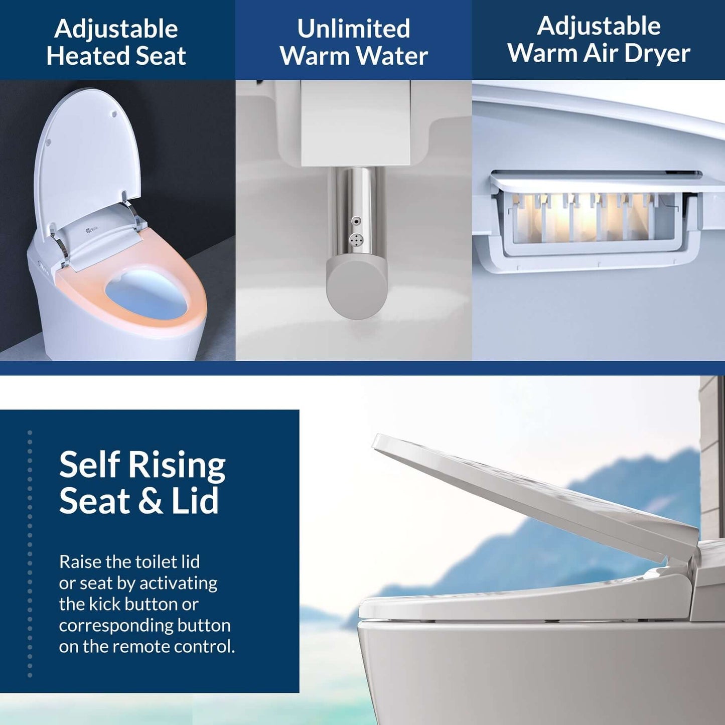 Bio Bidet Discovery DLX features: adjustable heated seat, unlimited warm water, air dryer, self-rising seat & lid.