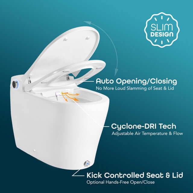 BidetMate 6000 Series Smart Bidet Toilet with auto opening, Cyclone-DRI tech, and kick controlled seat.