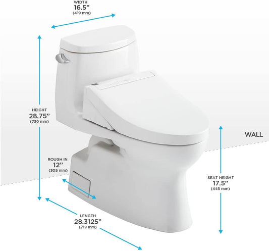 TOTO Carlyle II WASHLET+ C5 One-Piece Bidet Toilet dimensions: height 28.75", width 16.5", length 28.31".