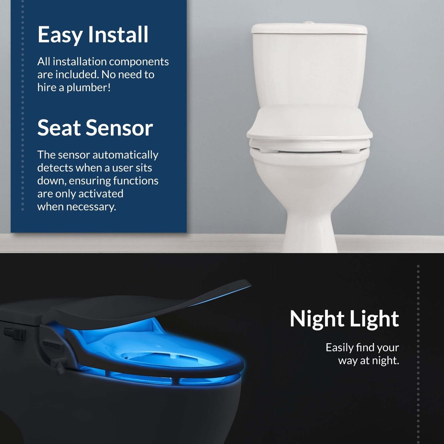 Bio Bidet Slim Three features easy installation, seat sensor, and night light for enhanced comfort and hygiene.