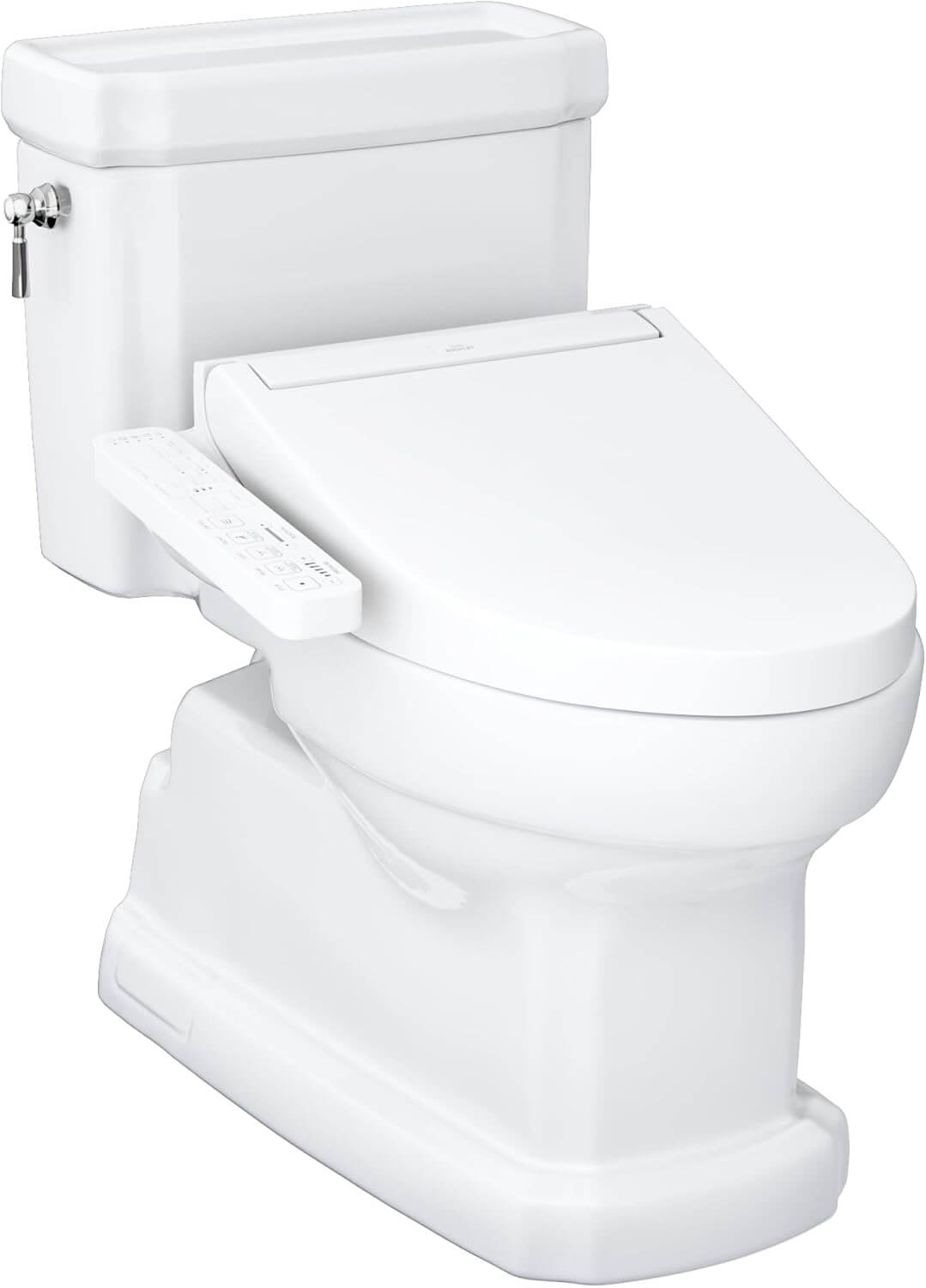 White toilet with bidet attachment on a white background
