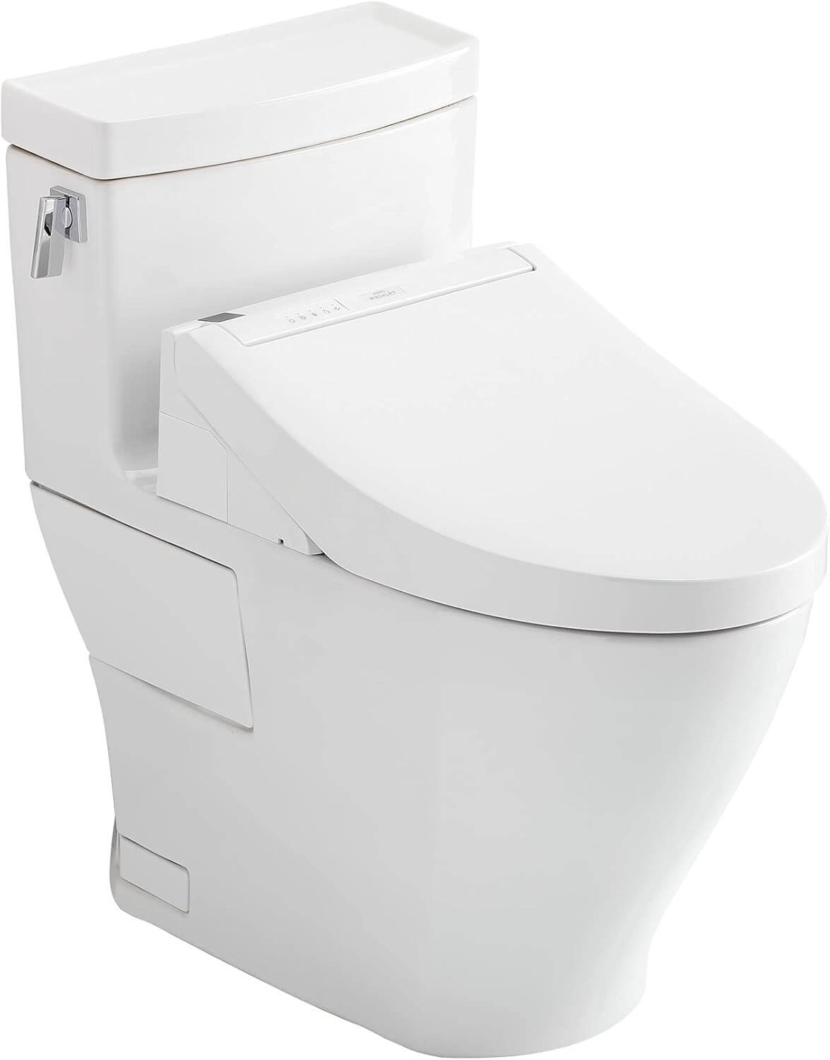 White toilet with seat cover on a white background