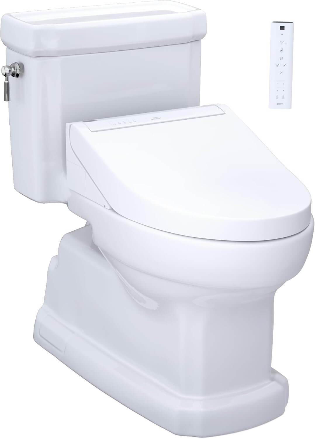White toilet with a seat cover on a white background