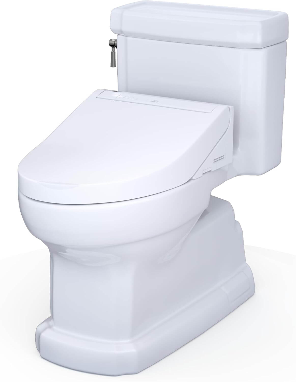 White toilet with seat cover on a white background