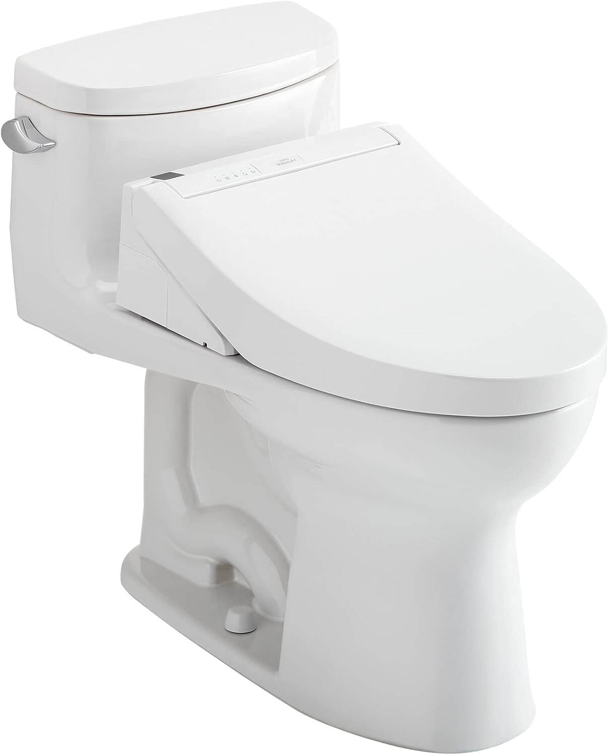White toilet with a seat cover on a white background