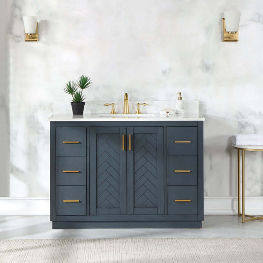 Altair Gazsi 48 Single Sink Bathroom Vanity in Charcoal Blue with Stone Top and Chevron-patterned doors.
