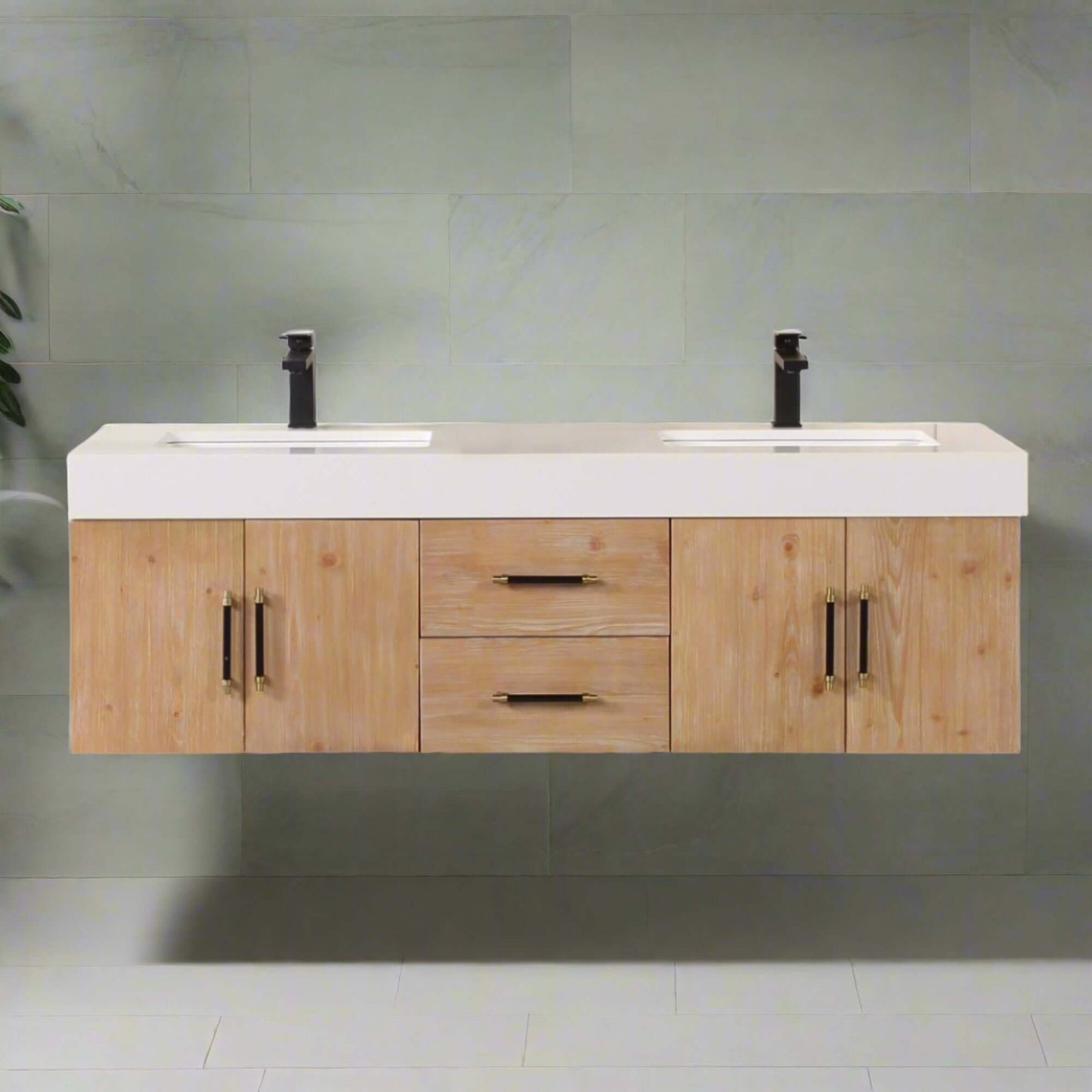 Corchia 60" Wall-mounted Double Bathroom Vanity in Light Brown with White Composite Stone Countertop