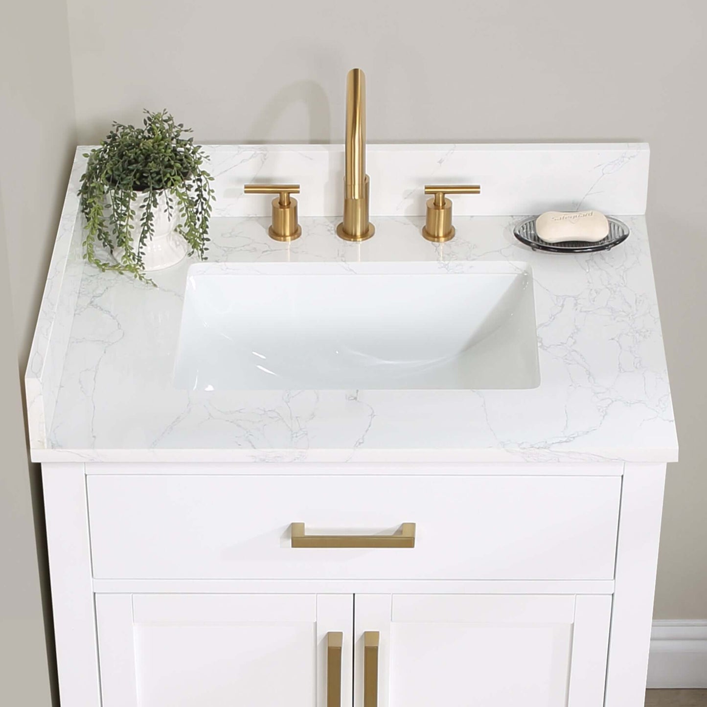 Gavino 30" Single Bathroom Vanity with Single Ceramic Sink, Grain White Composite Stone Countertop with Mirror