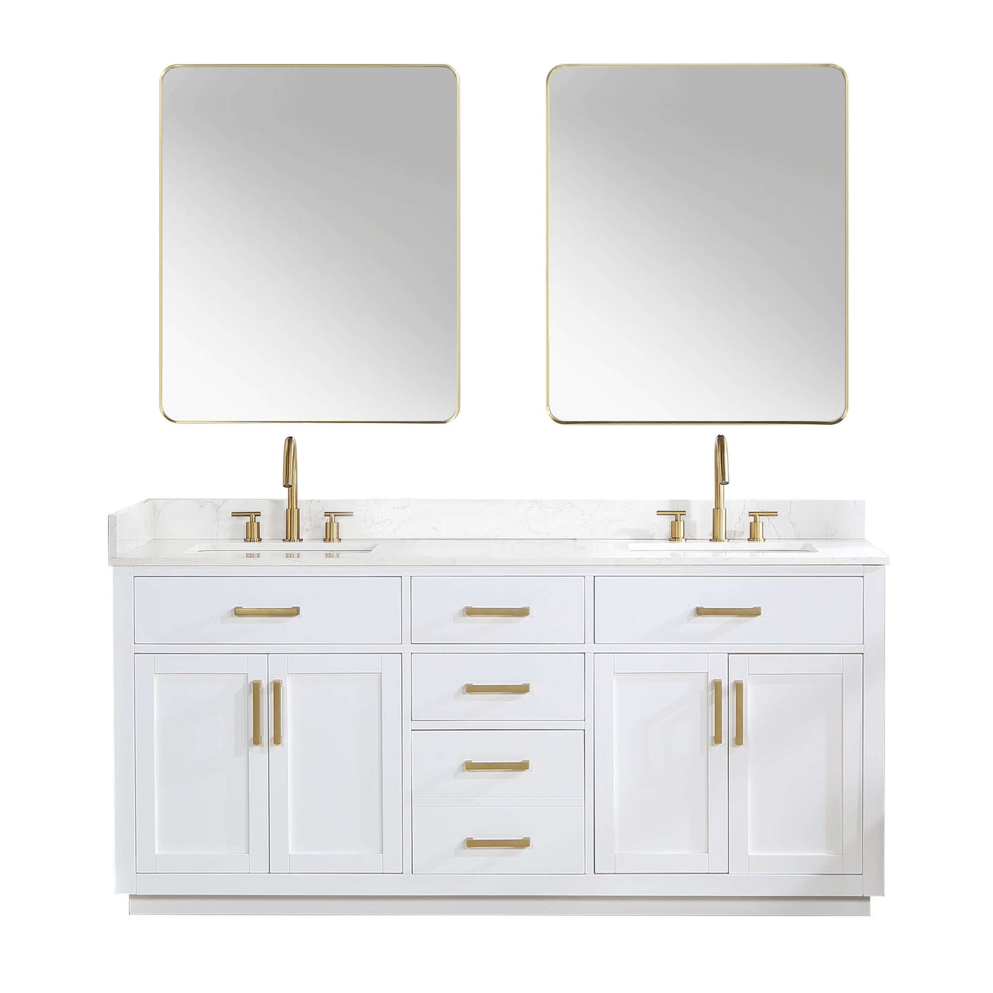 Altair Gavino 72 Double Sink Bathroom Vanity in light brown finish with stone top and mirrors.