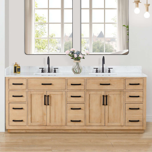 Altair Gavino 84 Double Sink Bathroom Vanity with light brown finish and stone top in modern space.