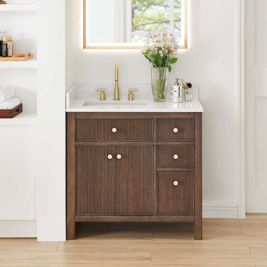 Altair Cerrito 36 Single Sink Bathroom Vanity in natural oak with white stone top and fluted doors, ideal for small bathrooms.