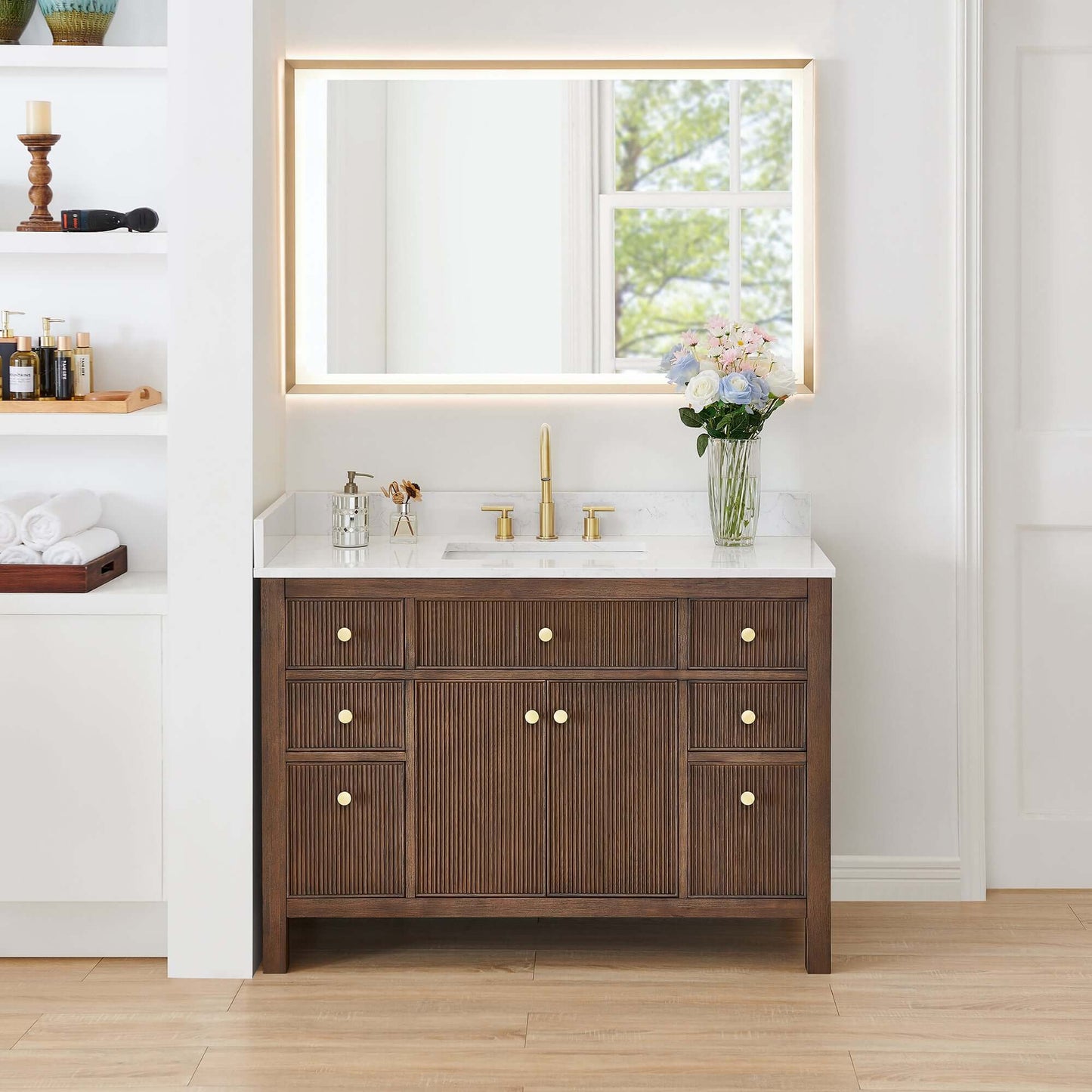 Altair Cerrito 48 Single Sink Bathroom Vanity in Natural Oak with Stone Top and Stylish Mirror