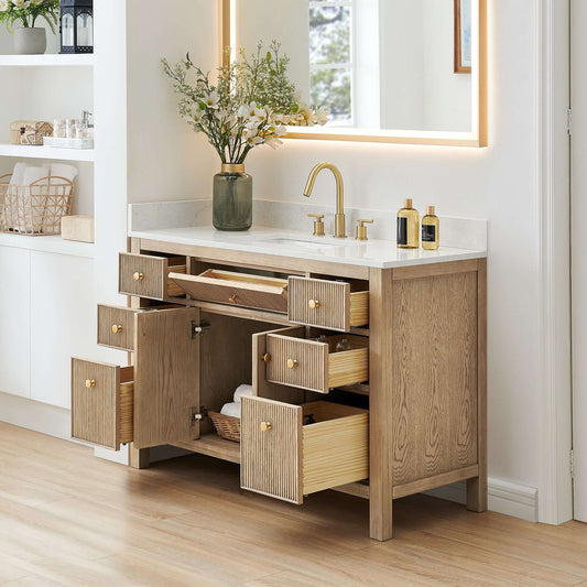 Altair Cerrito 48 Single Sink Bathroom Vanity in Natural Oak with Stone Top and open drawers showing storage.