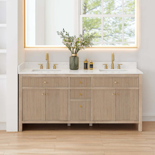 Altair Cerrito 72 Double Sink Bathroom Vanity in Natural Oak with Stone Top and Fluted Cabinet Doors