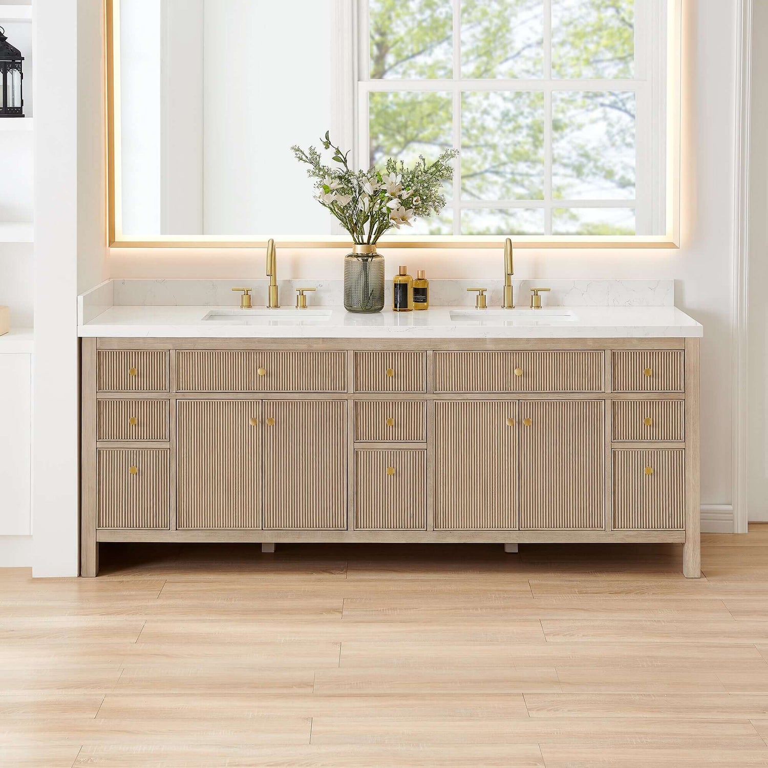 Altair Cerrito 84" Double Sink Bathroom Vanity with Grain White Engineered Stone Countertop and Natural Oak finishing.