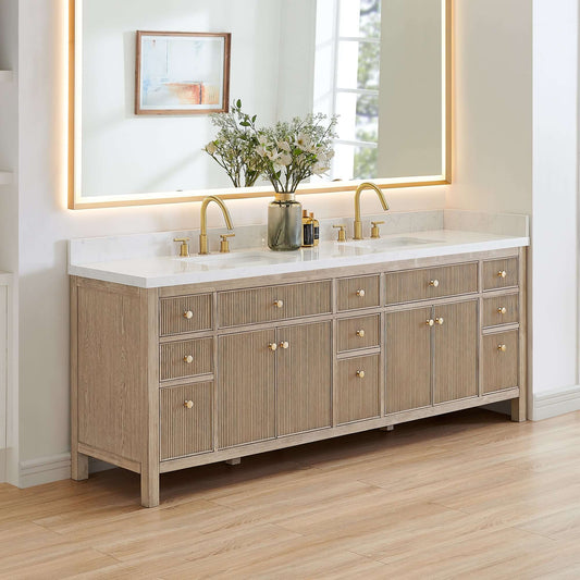 Altair Cerrito 84" Double Sink Bathroom Vanity with Grain White Countertop in Natural Oak