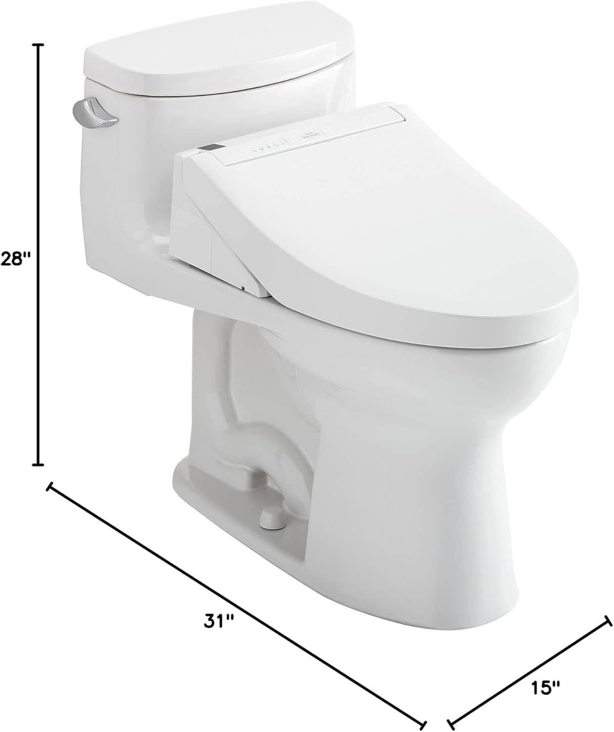 White toilet with dimensions labeled on a white background