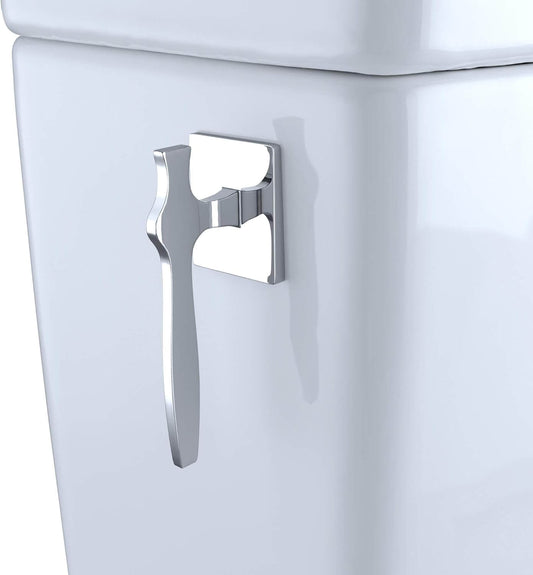 Close-up of TOTO Aimes WASHLET+ C5 bidet toilet chrome flush handle on a white ceramic toilet.