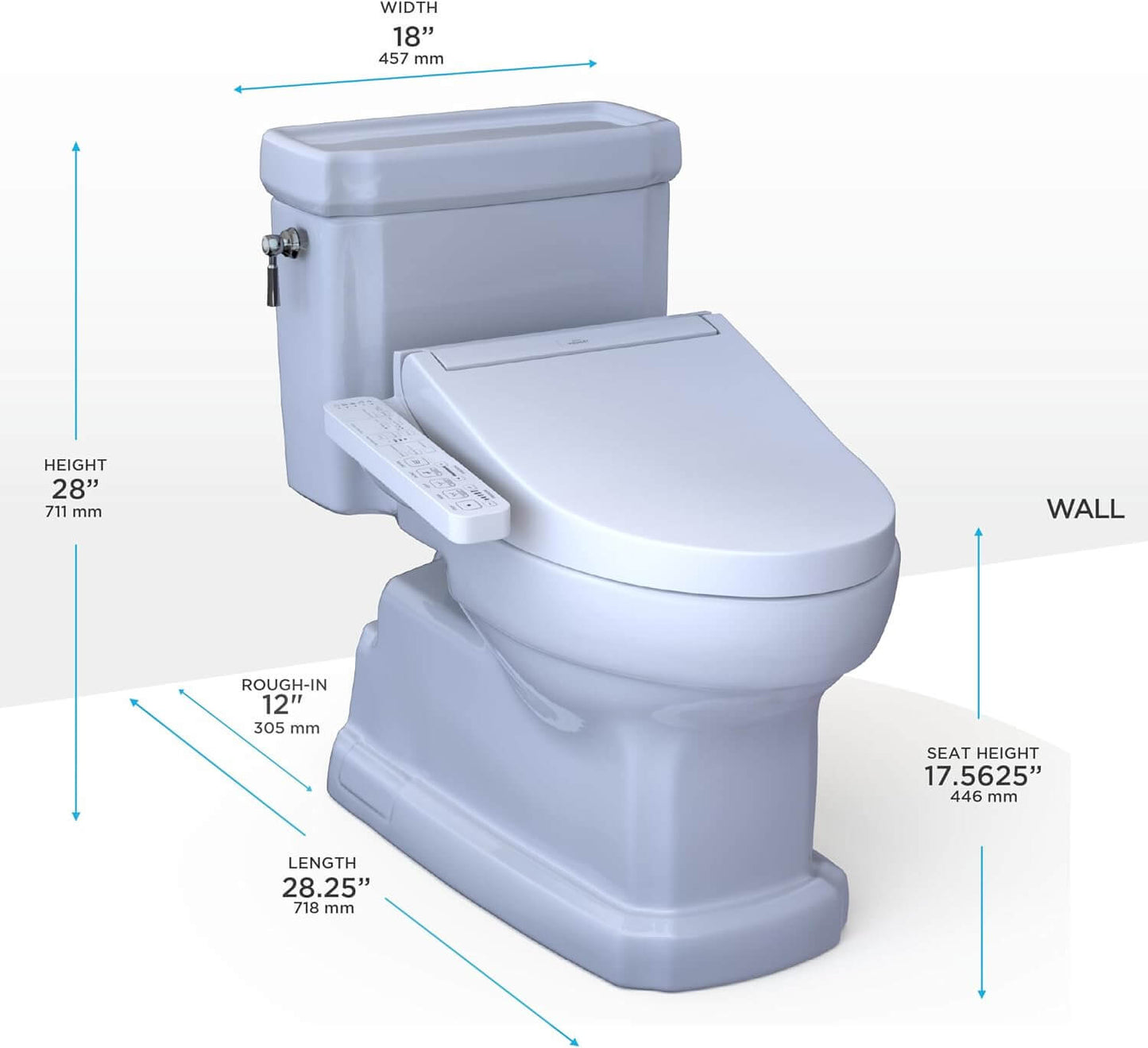 Toilet with dimensions labeled on a white background