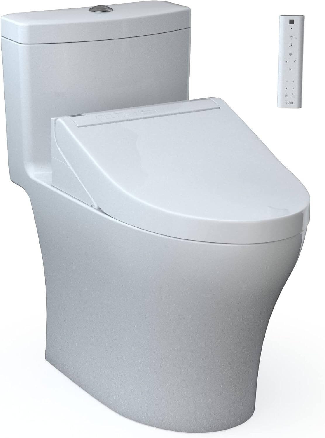 White toilet with a remote control on a white background