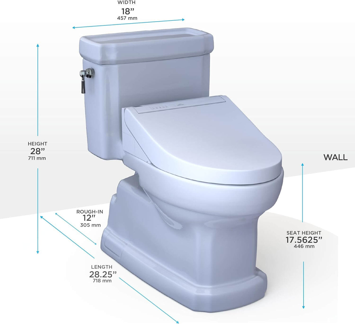 Blue toilet with dimensions labeled on a white background