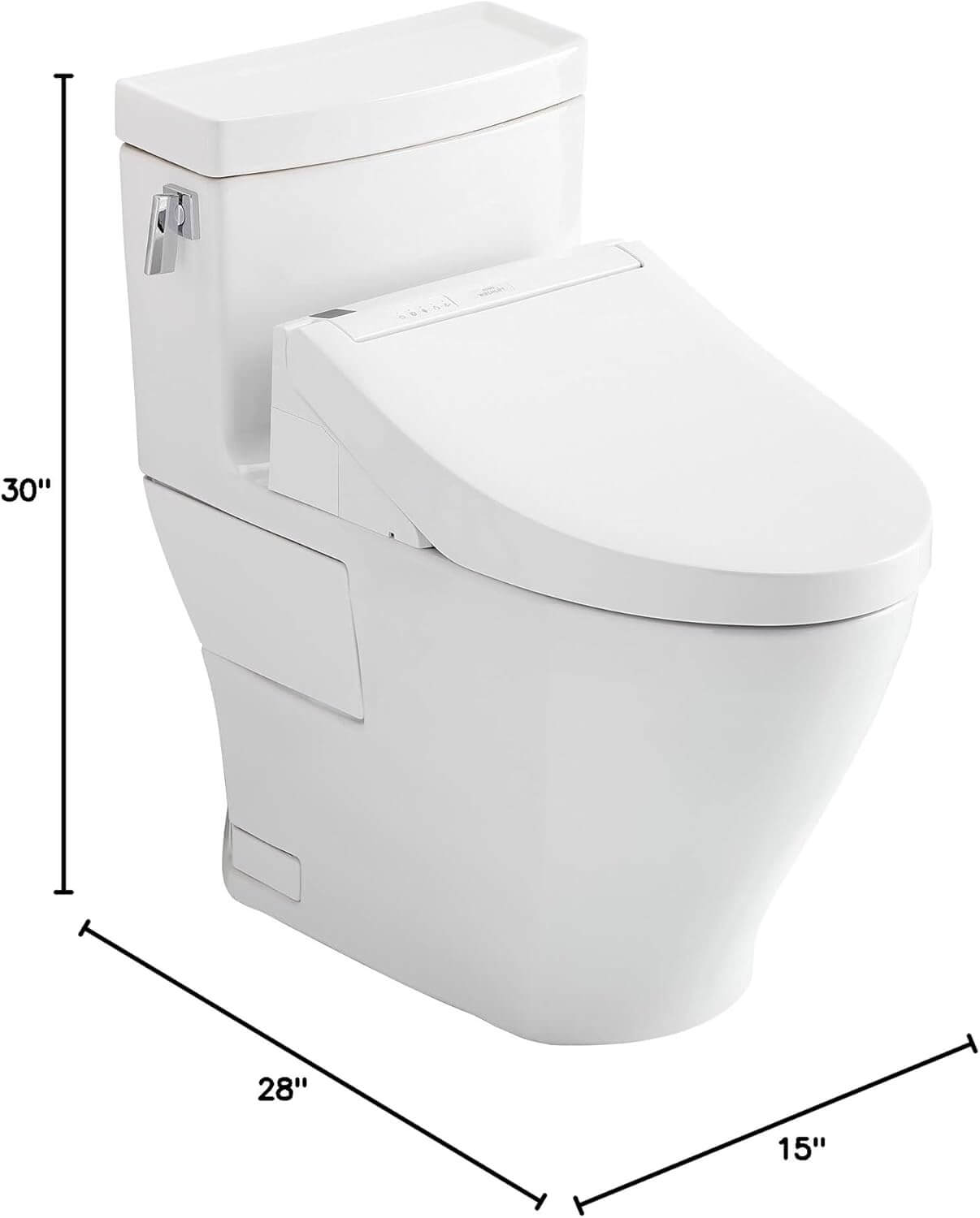 White toilet with dimensions labeled on a white background