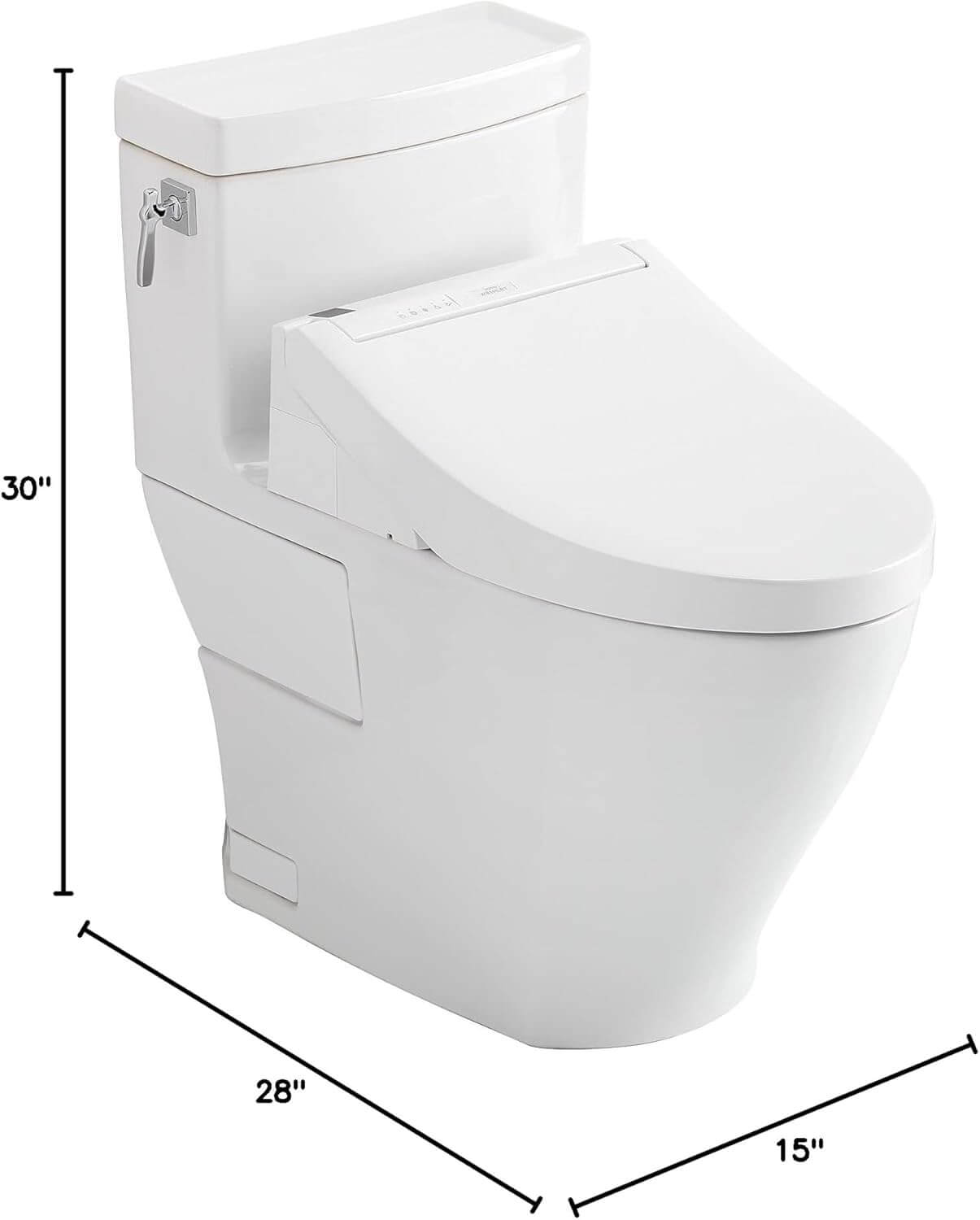 White toilet with dimensions labeled on a white background