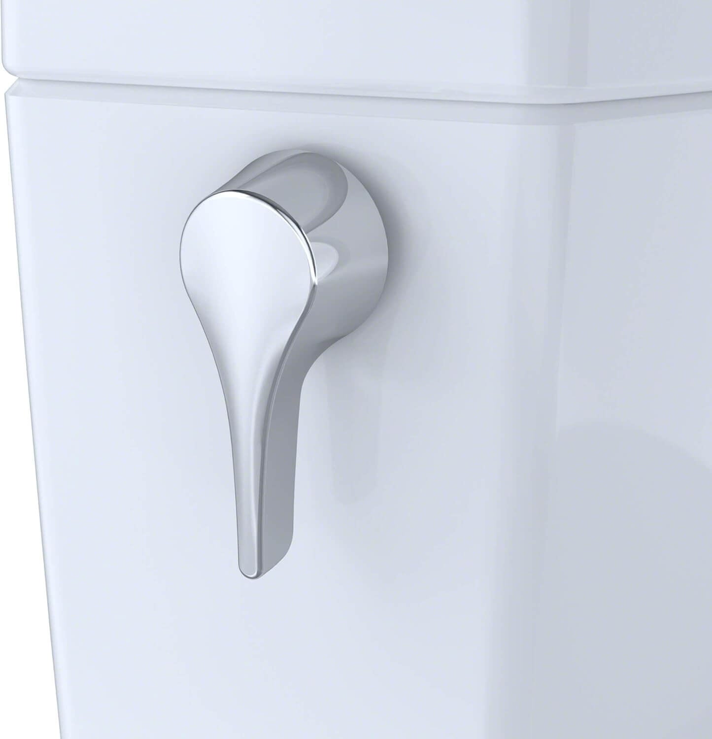 Close-up of a white toilet with a silver handle on a white background