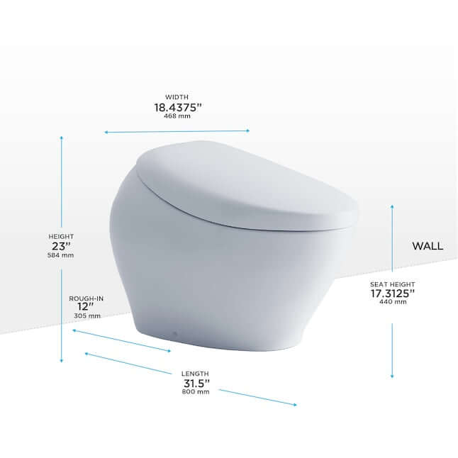 TOTO NEOREST NX1 Smart Bidet Toilet dimensions with height, width, length, and seat height specifications.