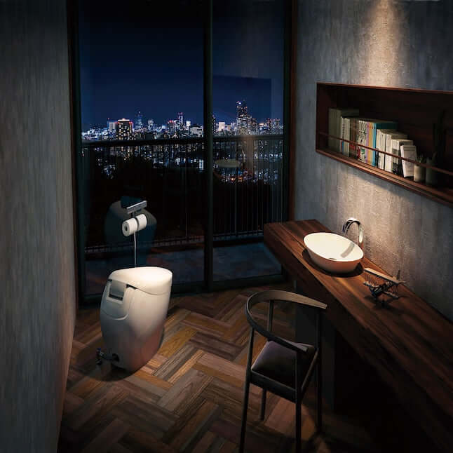 NEOREST® NX1 Dual Flush Toilet - Rear view in elegant bathroom overlooking city through window.