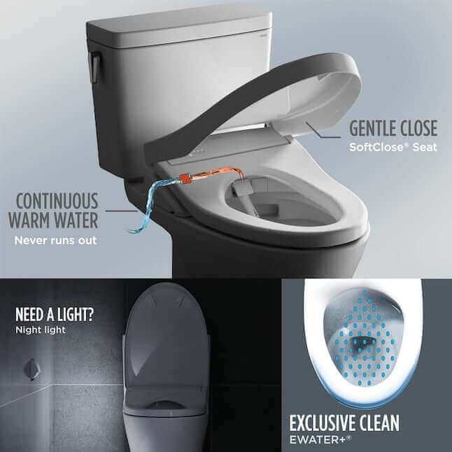TOTO S7 Washlet Bidet Toilet features gentle close lid, continuous warm water, and night light for modern bathroom luxury.