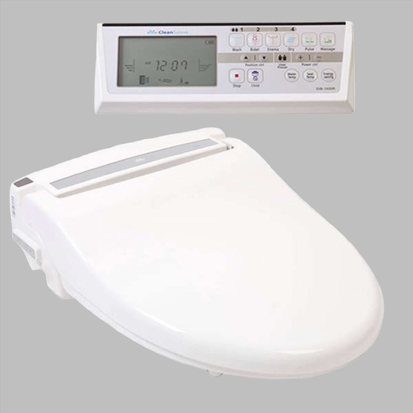 Clean Sense DIB-1500R Smart Bidet Toilet Seat - Diagonal view from above with remote at side
