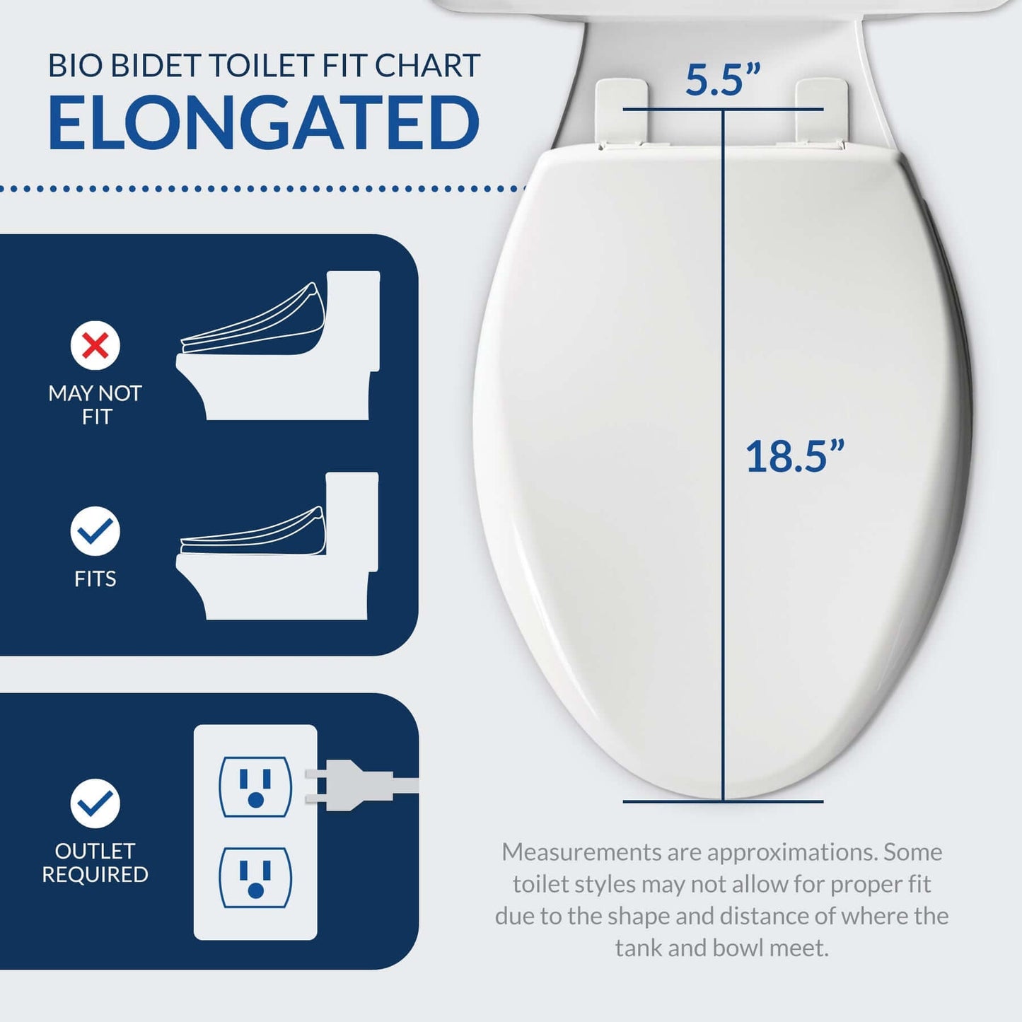 Bio Bidet Discovery DLS Bidet Toilet Seat fit chart for elongated toilets with measurements for proper installation.