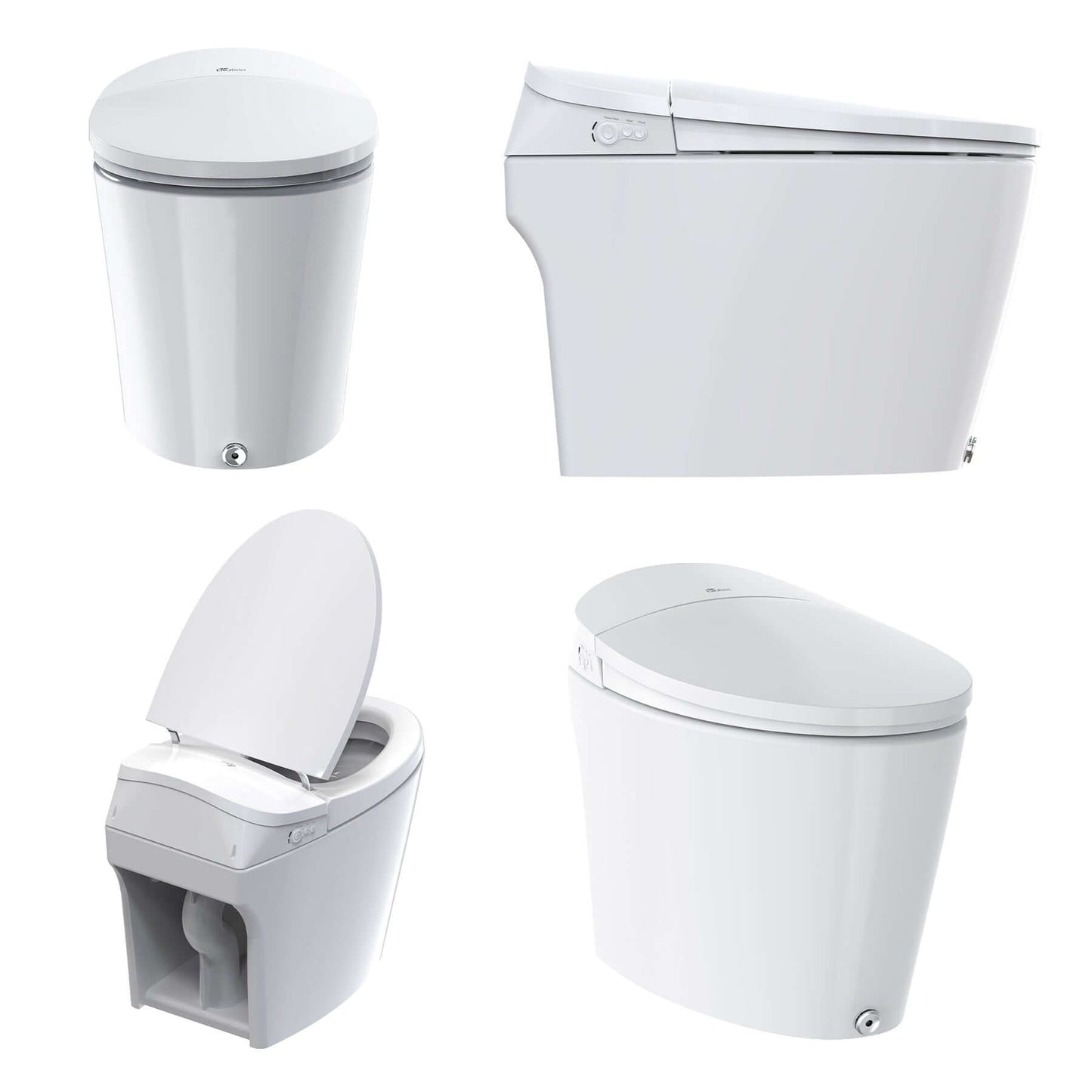 Collage of Bio Bidet Discovery DLX elongated smart toilets showcasing modern tankless designs.