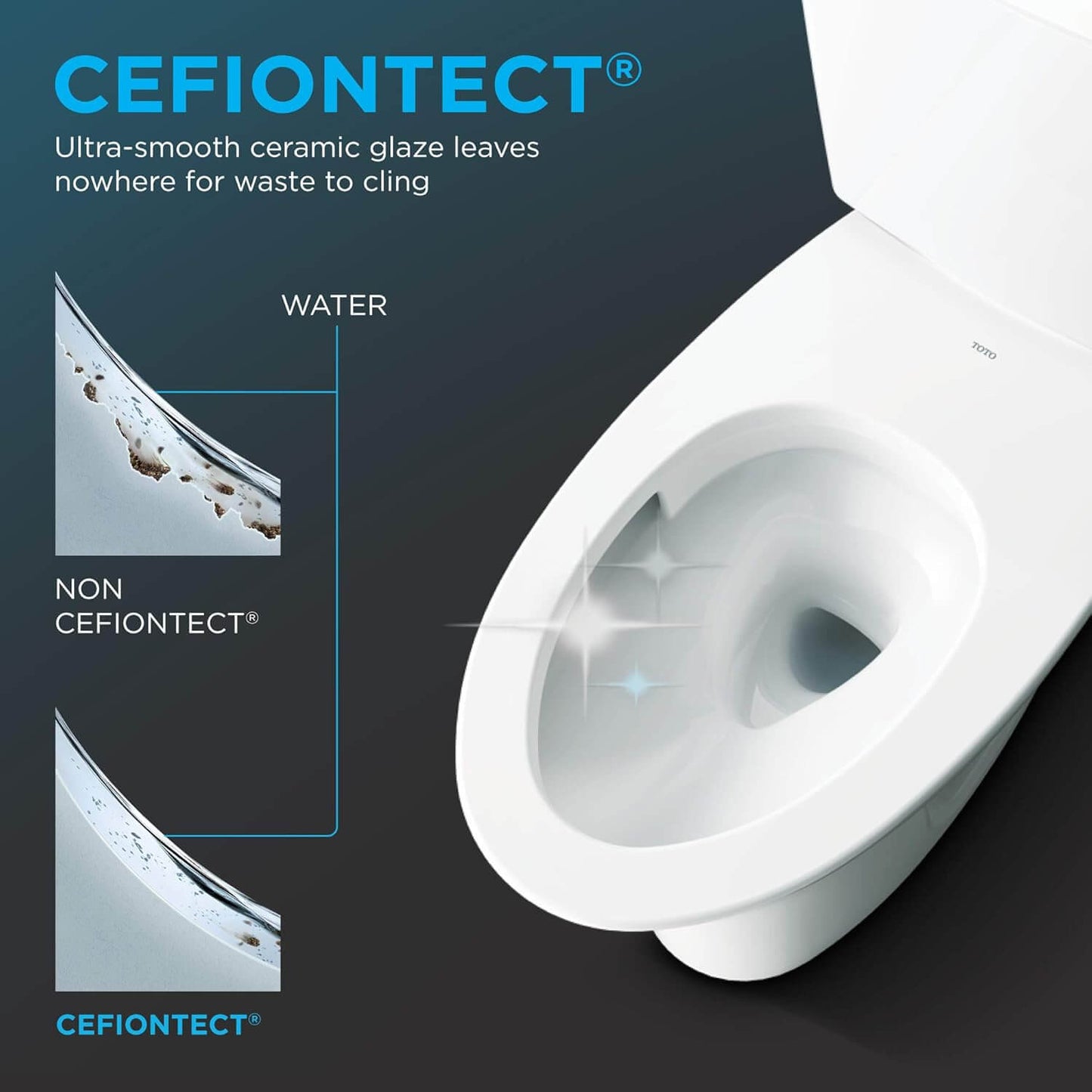 White toilet bowl with CefionTECT technology on a dark background