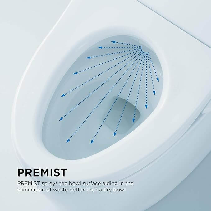 Diagram of a toilet bowl with spray lines and 'PREMIST' branding