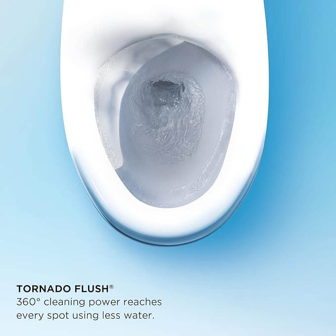 Toilet bowl with Tornado Flush feature on a blue background