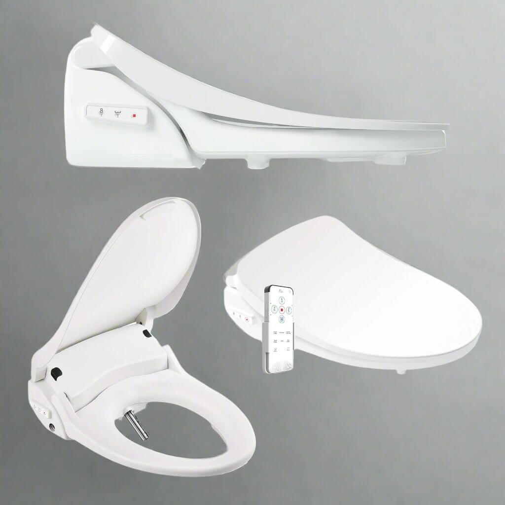 Bio Bidet Slim Three Smart Bidet Toilet Seat showcasing heated seat and wireless remote for optimal comfort.