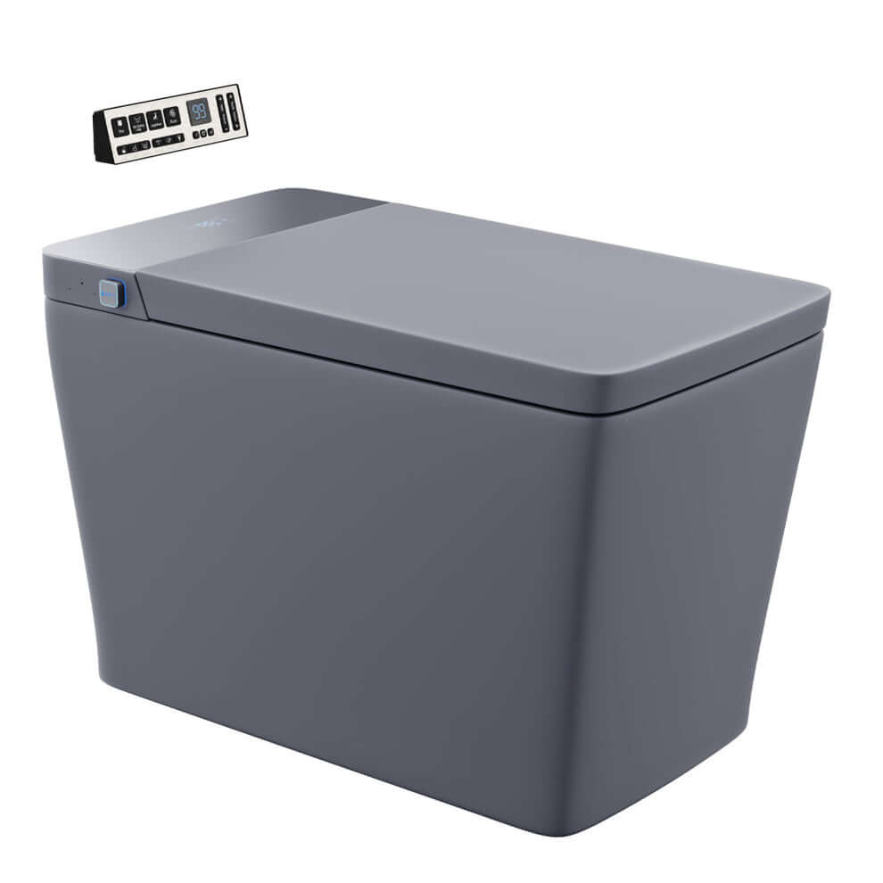 Swiss Madison Concorde Smart Bidet Toilet with Auto Flush and Heated Seat, shown with remote control.