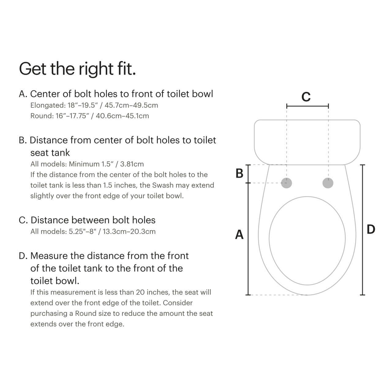 Diagram for proper fit of Brondell Swash 1400 bidet toilet seat measurements and installation guidelines.